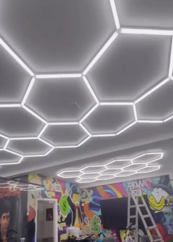 Hexagonal LED lighting on a ceiling